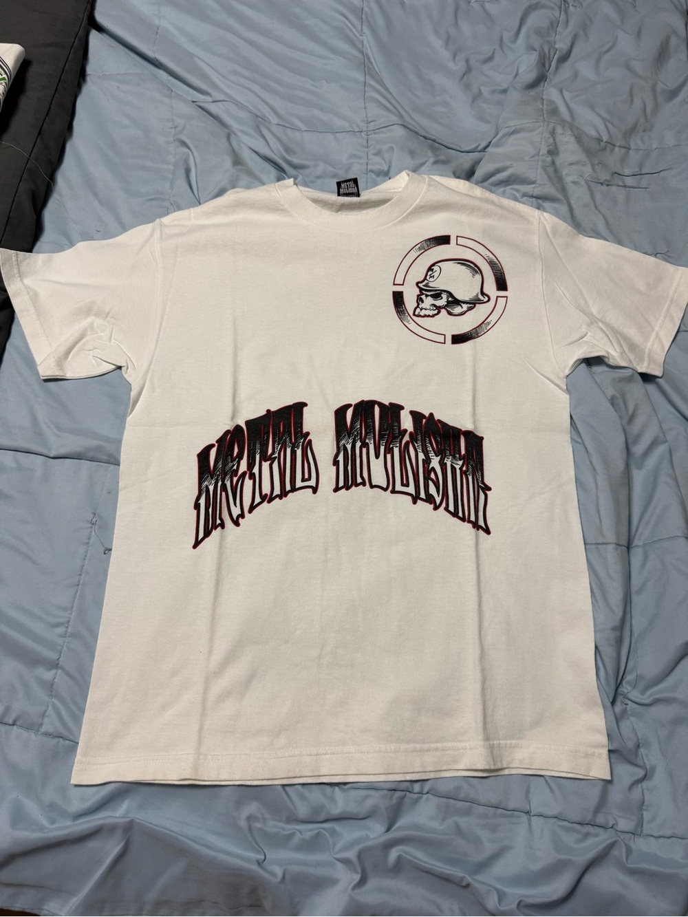 Metal Mulisha White Tee with Black and Red Skull Graphic